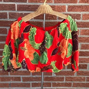 NWOT Free People Red Floral Hibiscus Off Shoulder Crop Top Size Small